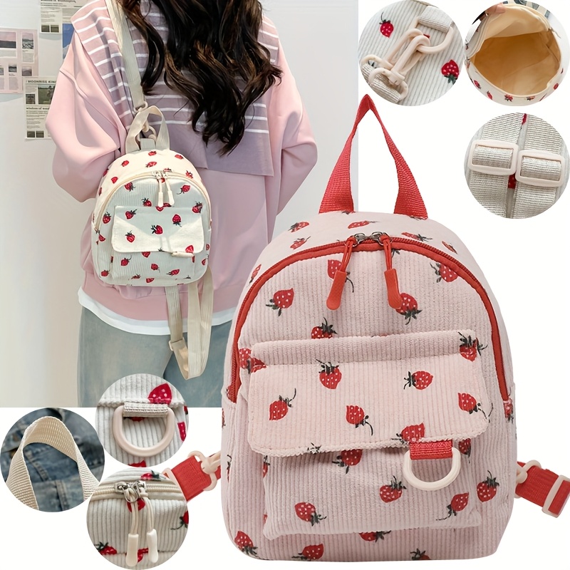 Kawaii White Corduroy Mini Backpack With Red Strawberry Print_voghion.com