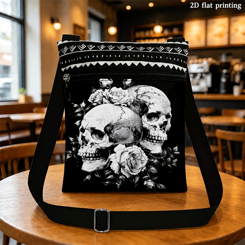 TEMU 2d Flat Crossbody Bag Suitable For Men And Women With Adjustable Straps And Zipper Closure, Dark Skull Rose Print Tribal Trim Unisex Trendy
