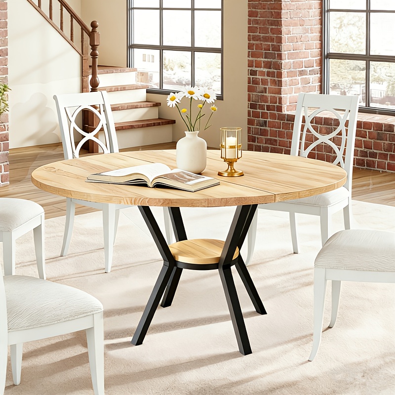 Dining Table, Round Kitchen Table, Wooden Kitchen Table With Storage Shelf, Versatile Design Dining Room Table, For Kitchen, Dining Room, Living Room, X 75cm, Wood Color80