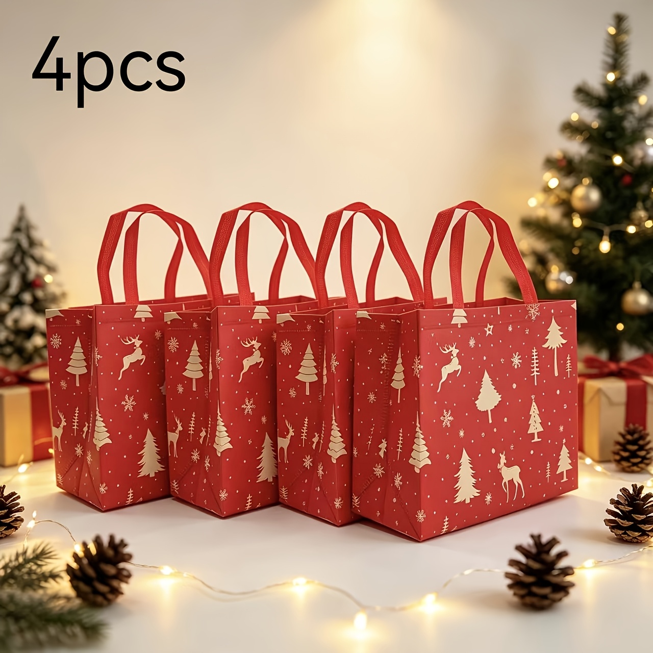 TEMU Juego de 4 bolsas tote navideñas laminadas, aptas para envolver regalos de , compras, fiestas y pícnics, con estampado de y pino, de tela no