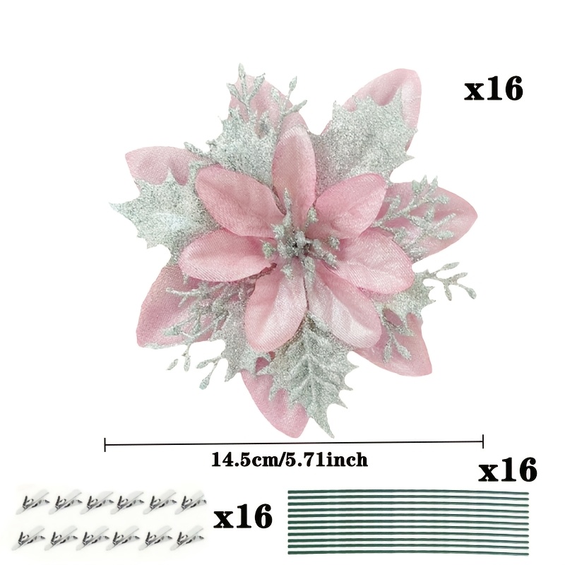 TEMU Ensemble de 48 pièces de fleurs de poinsettia artificielles roses à paillettes - 16 poinsettias roses, 16 pinces à fleurs, 16 tiges, décorations