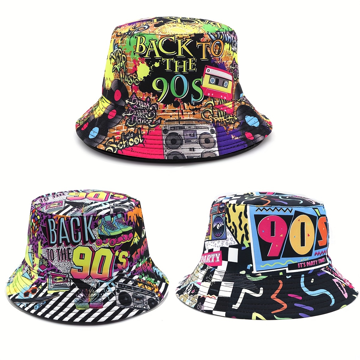 

90s Graffiti Print Retro Hip Hop Style Double-sided Bucket Hat For Men And Women