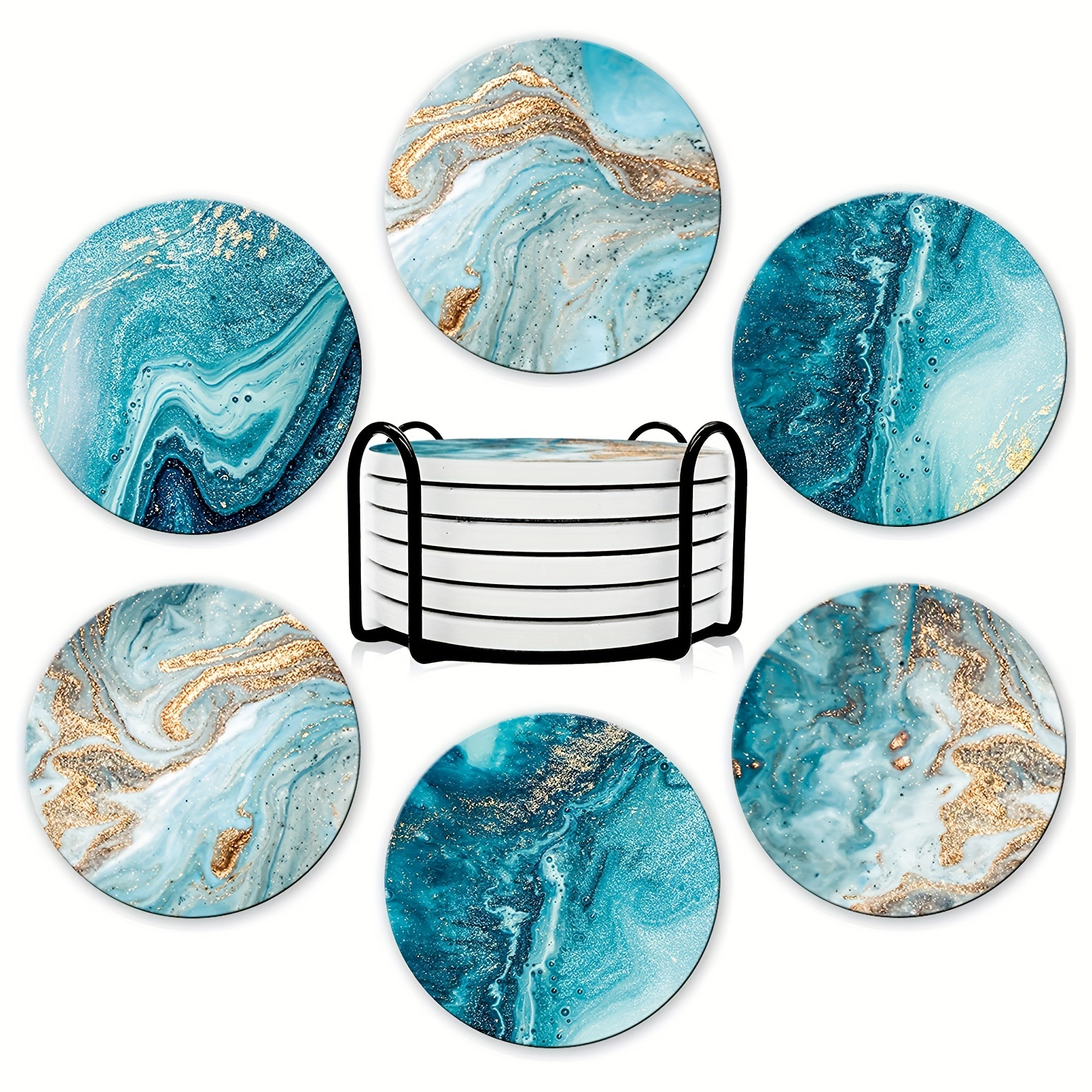 

6pcs Ceramic Coaster With Holder, Cork Protective Furniture, Restaurant Decoration, Coffee Table Decorations, Heat Resistant, Blue Mat, Ocean Style, Housewarming Gift