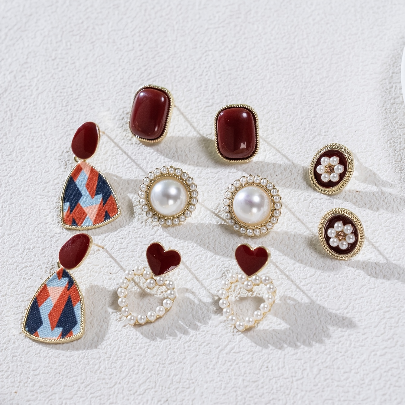 TEMU 5 Pairs Set Women's Fashion Earrings | Wine Red Vintage Style Pearl Studs, Kc Golden Plated, Suitable For Daily Wear And Valentine's Day Gifts