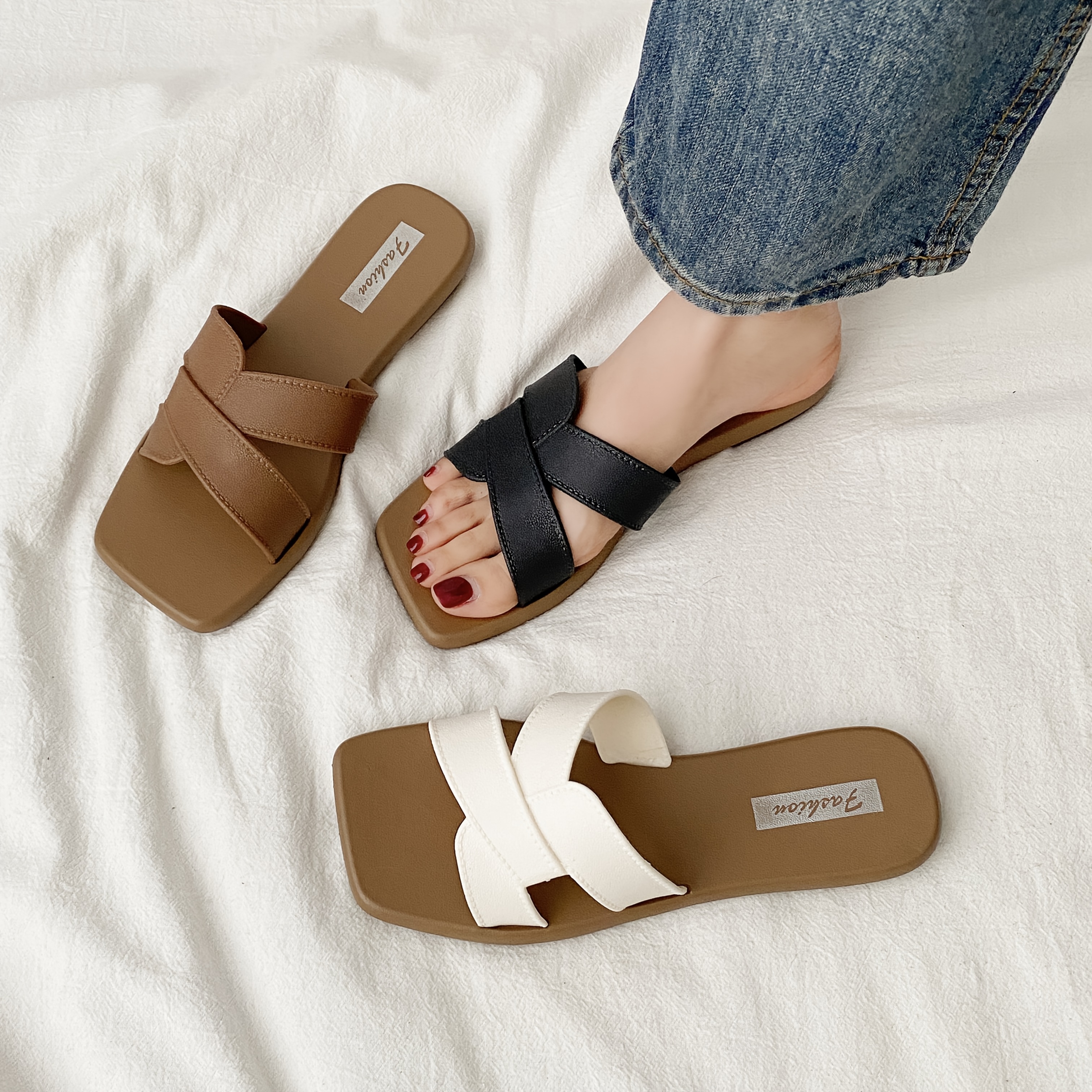 Leather Slipper Crisscross Peep Toe Slippers Men Tan Genuine