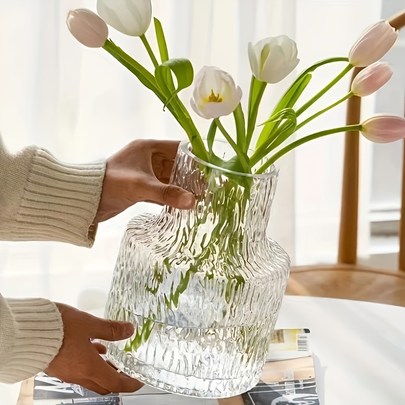 

1pc, Nordic Vintage Style Textured Glass Vase, Wide Mouth Flower Arrangement Vessel, Home Decor Tabletop Accent, Hydroponics Plant Container