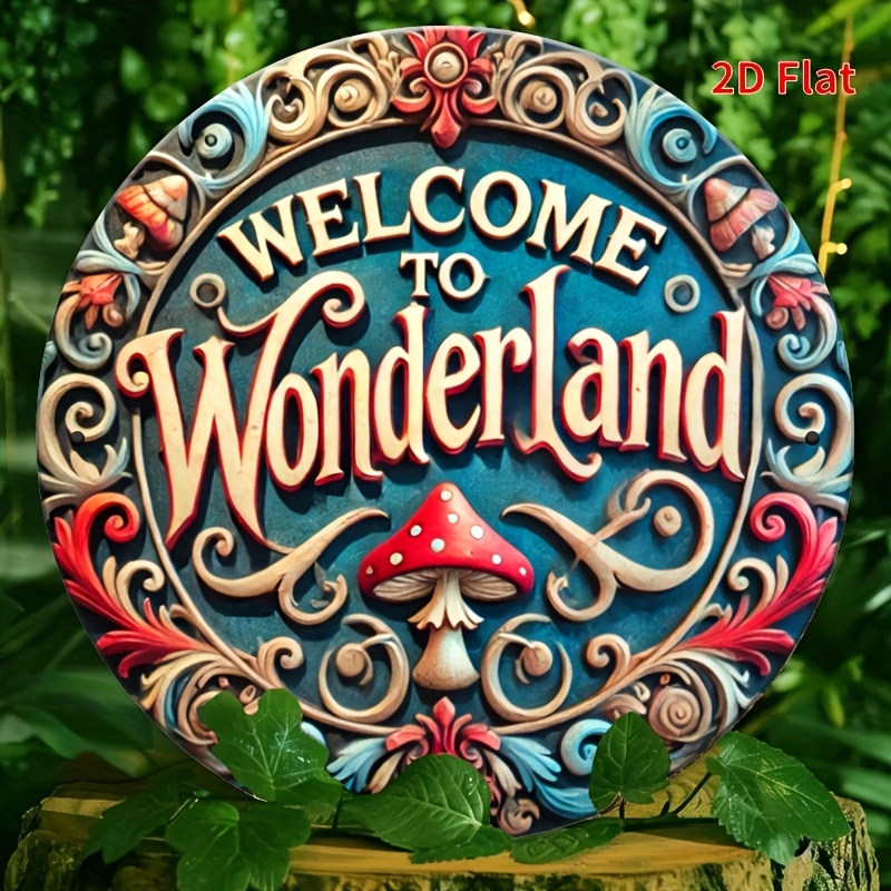 TEMU 2d Flat Retro "welcome To World" Aluminum Sign - 19.99x19.99 Cm Round Wall Art, Mushroom And , Room Decor, Bathroom, Kitchen, Waterproof And