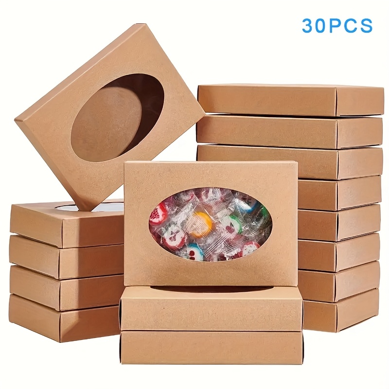 E-shop Geschenk für Sie/Ihn 30 handgemachte Kraftpapierboxen | Ovale braune Fenster-Weißkarton-Faltboxen für die Verpackung kleiner Accessoires