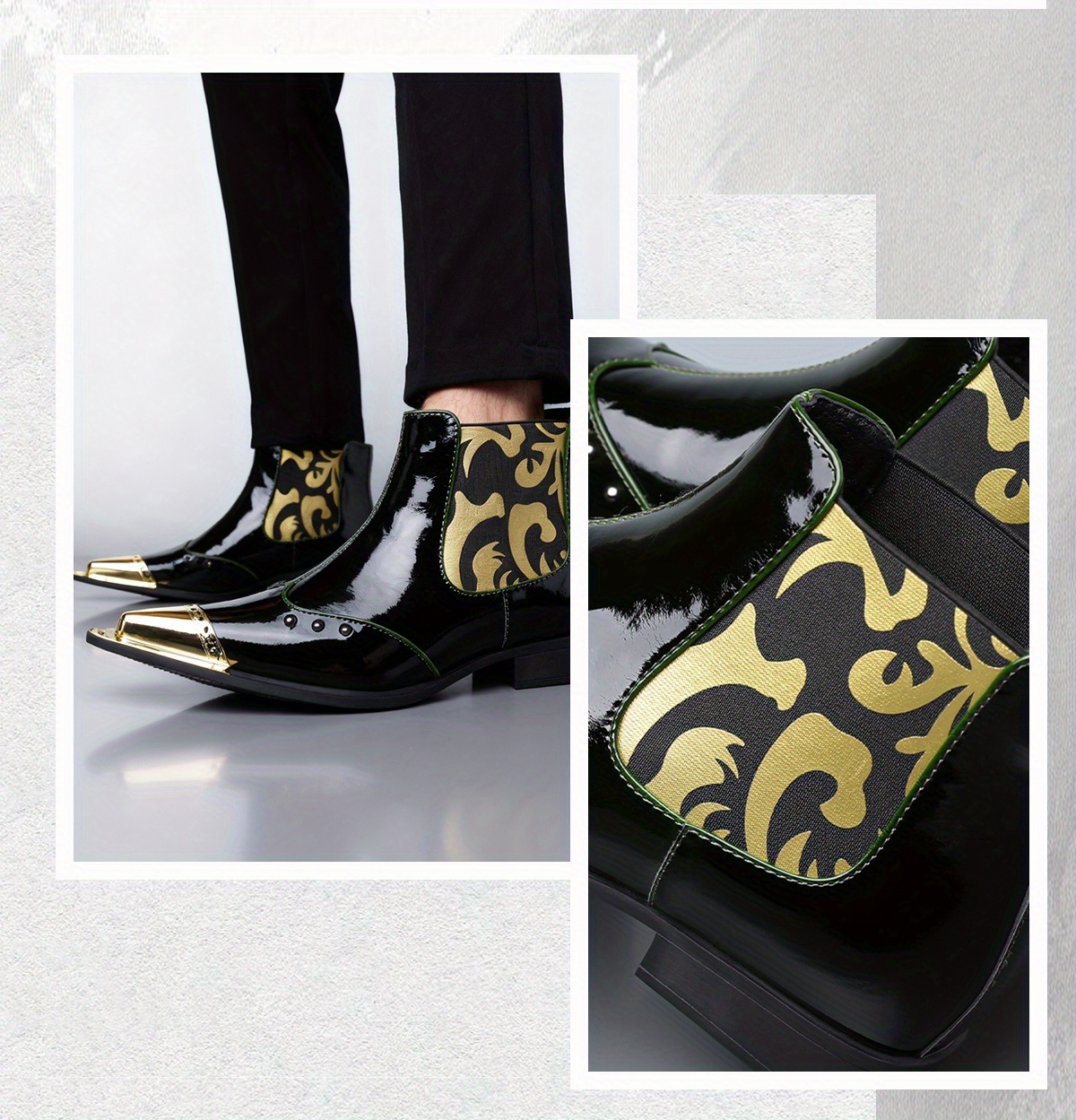 QRLQRL Men's Glossy Black/Golden Cloud Pattern PU Short Boots - Elastic Closure Slip-On/Lace-Like Buckle, Golden-Tipped Toe & Heel, All-Season Dress Boots for Casual & Formal Wear (Shoe Maintenance-Free)