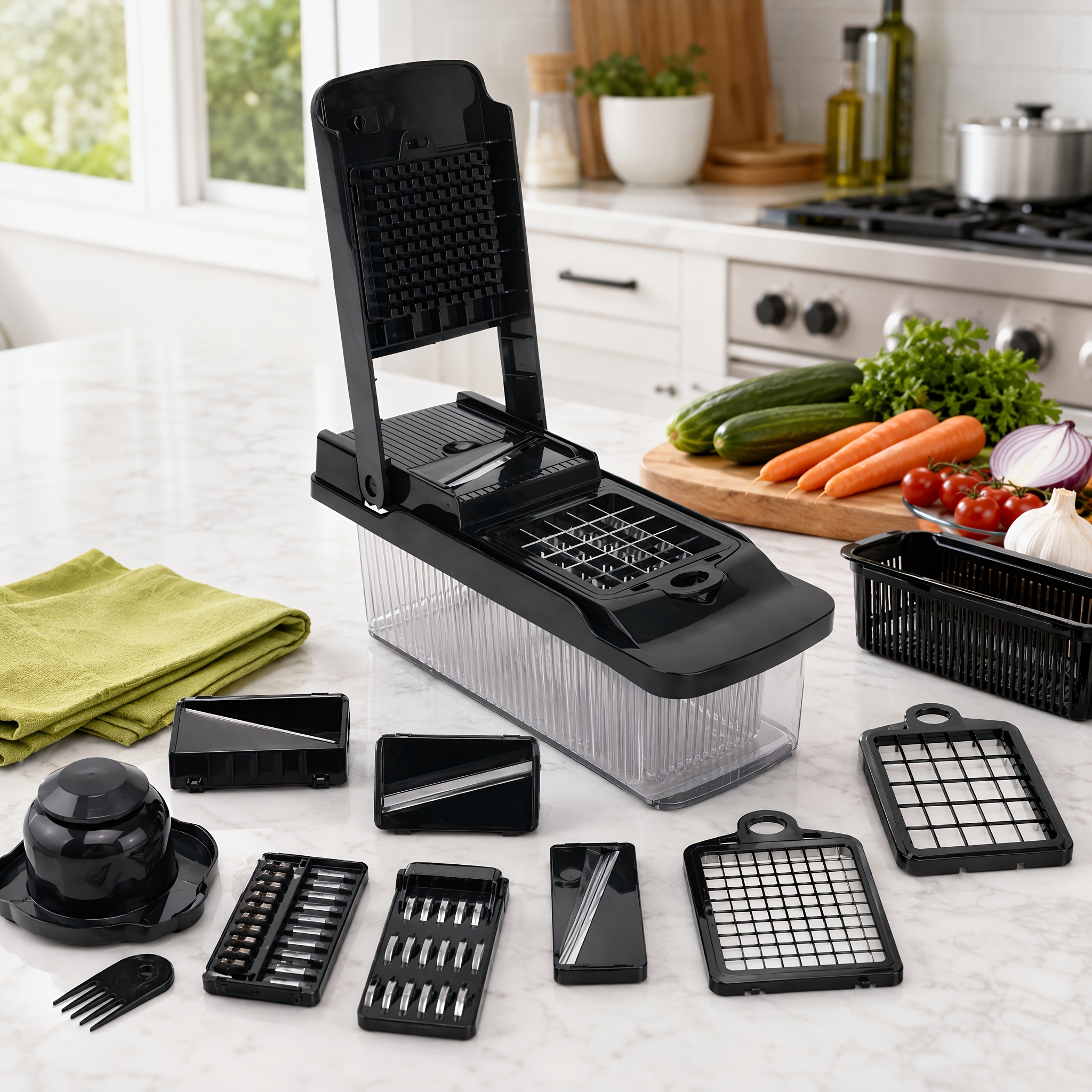 14pcs Multifunctional Vegetable Chopper, Slicer & Dicer Set With Interchangeable , Colander, Storage Container & Cleaning Tool, Manual Kitchen Cutter For Onions, Potatoes, Carrots, & Salad Prep