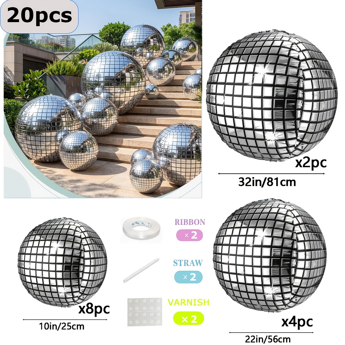 TEMU Lot de 20 ballons argentés 4D en feuille d'aluminium, plusieurs tailles 10/22/32 pouces, inclut des accessoires pour ballons : 2 de 10 m + + 2