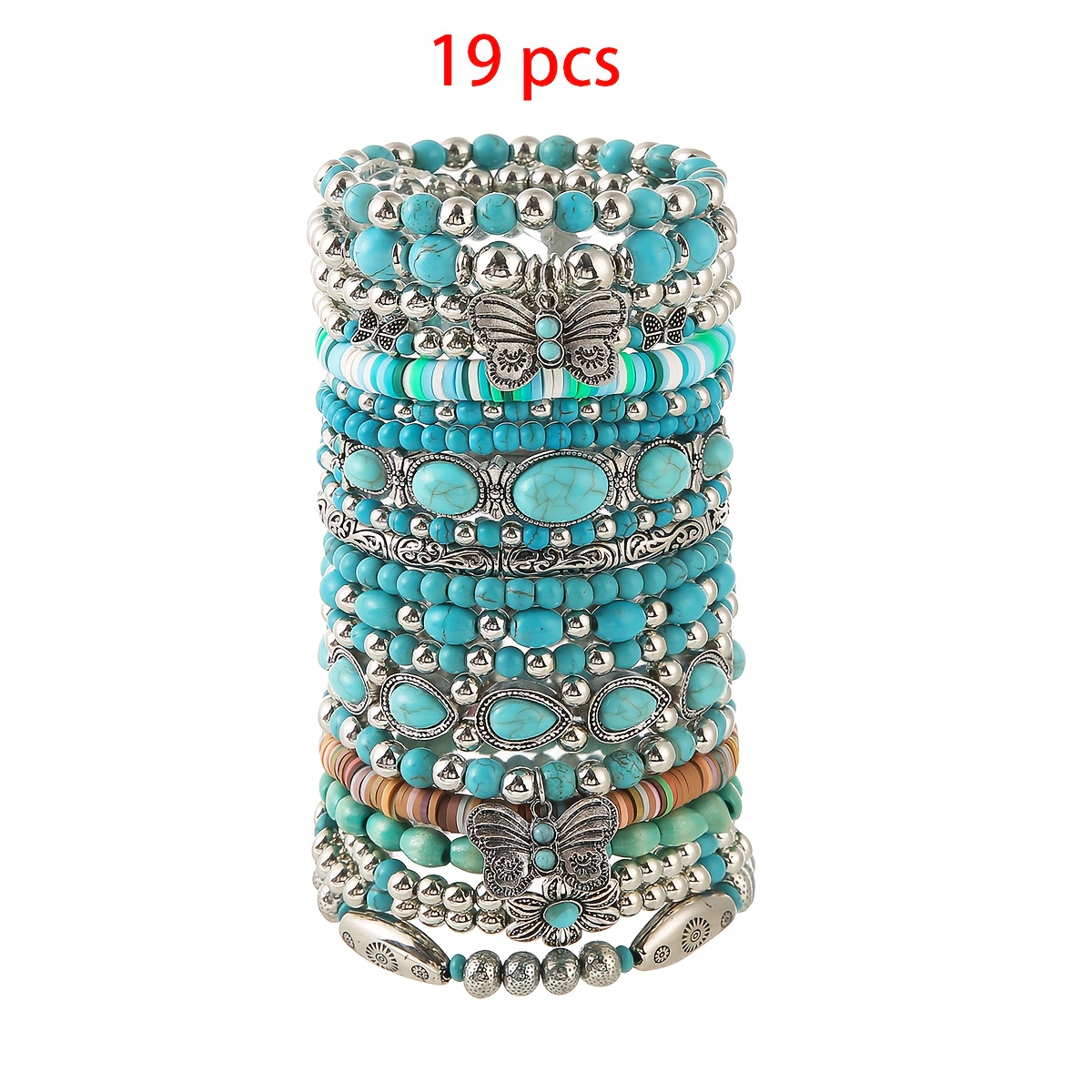 E-shop 19-teiliges Set synthetische Türkis-Armbänder im Boho-Stil, entworfen für einen modischen Western-Look. Diese elastischen, stapelbaren