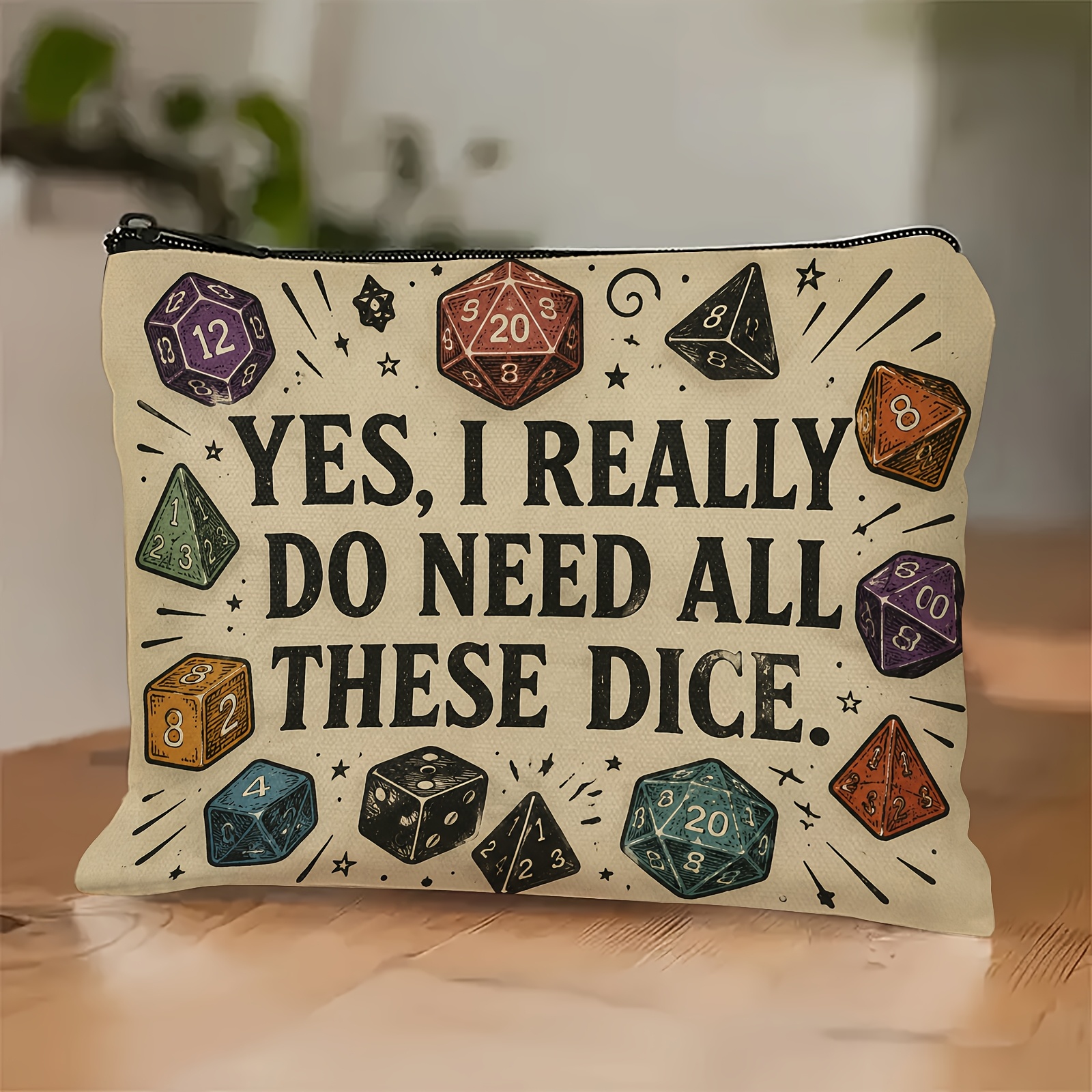 TEMU Dice Makeup Bag - Vintage Pouch Featuring Polyhedral Dice & Hilarious Quote. Perfect For Storing Cosmetics, Ideal Gift For Tabletop
