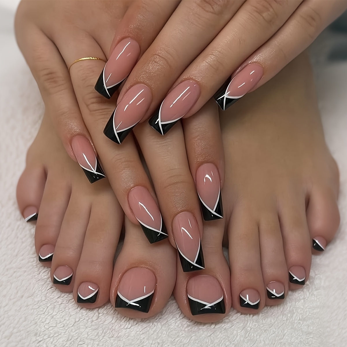 TEMU 48pcs Hand And Toe Press-on Nails Set, Nude Black French Fake Nails With White Line