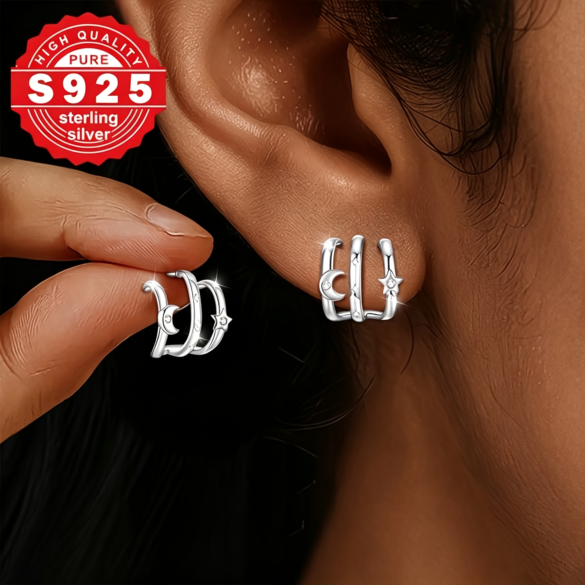 Women's S925 Silver Crescent Moon & Star Stud Earrings