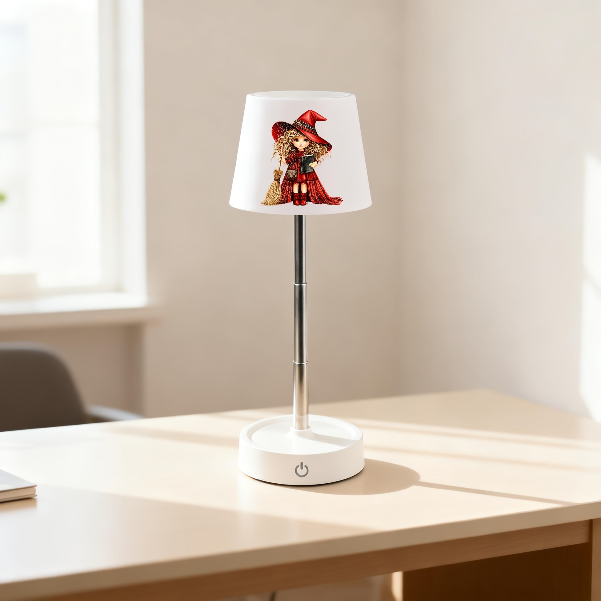 Little Red Witch Broom Magic Book Halloween Pattern Desk Lamp, Rechargeable & Dimmable