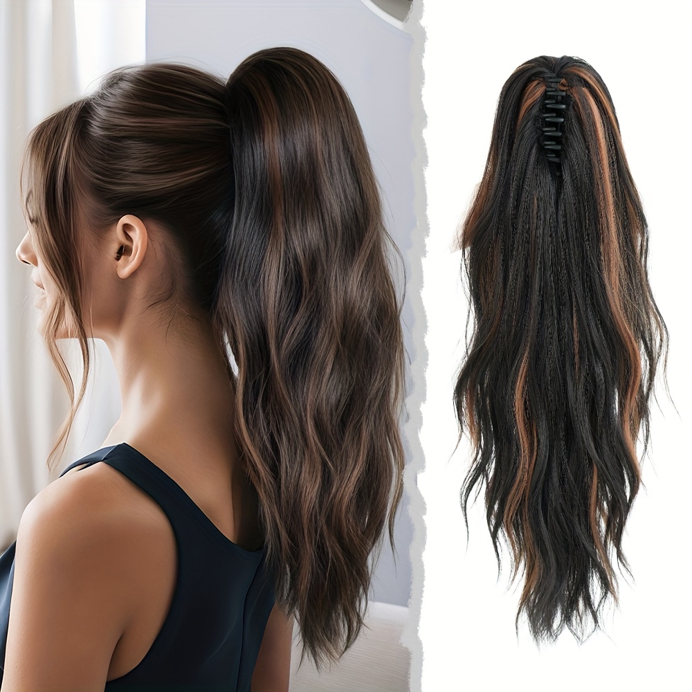 E-shop Lange lockere gewellte schwarz-braune Pferdeschwanz-Haarverlängerungen aus hitzebeständigem Synthetikhaar für Damen, Clip-in