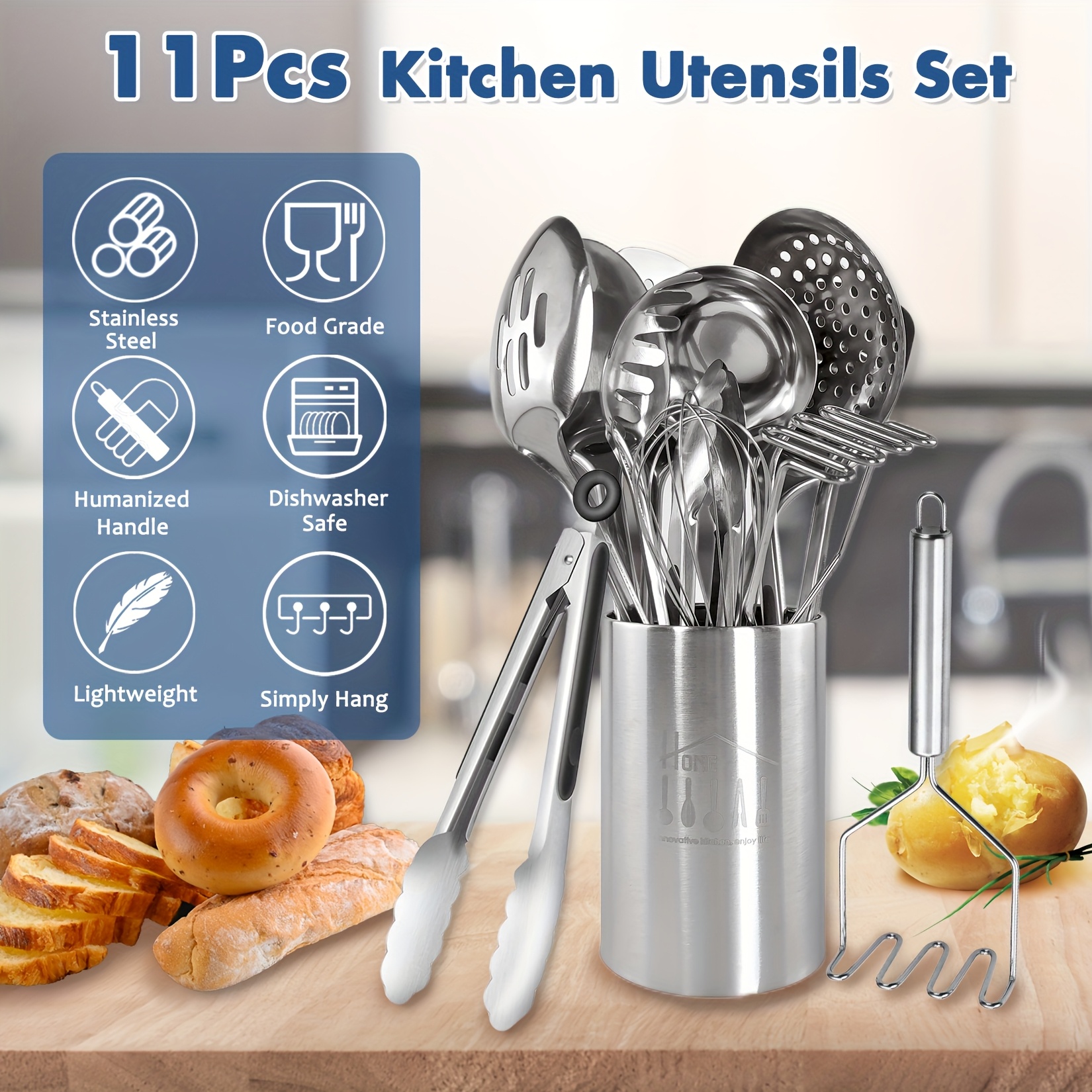 

11pcs Stainless Steel Kitchen Utensils Set With Storage Bin, Heat Resistant Metal Spatula Set Utensils Set For Cooking With Turners, , Skimmer, Spoons, Ladle, Tongs, Whisk