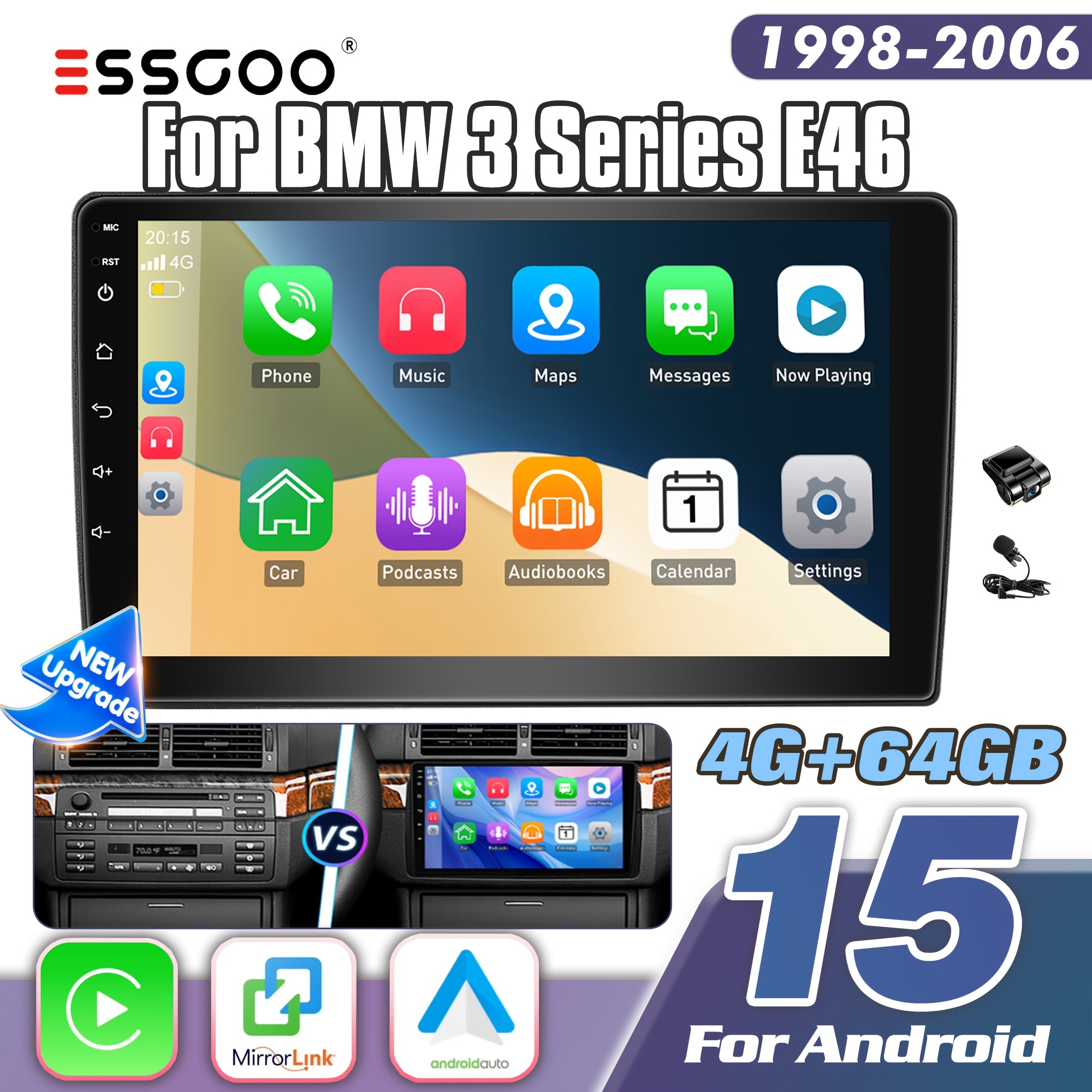 Essgoo 15 Designed For The For E46 (1998-2006) Features A 9" Ips Touchscreen With Split-screen , Integrated And Auto, 4+64gb Storage, Functionality