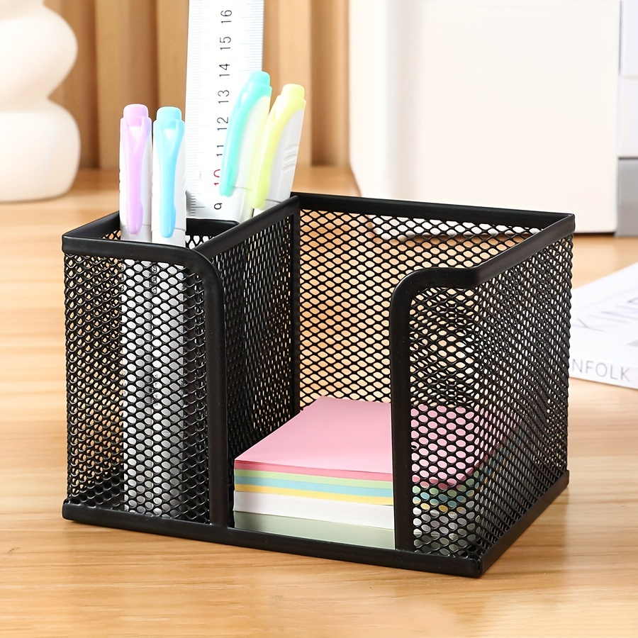 Image of 1pc Black Pen Holder, 2pcs Mesh Office Supplies Accessories Caddy With Sticky Notes Holder, Desk Organizer For Home, Office And School, Makeup Storage Box