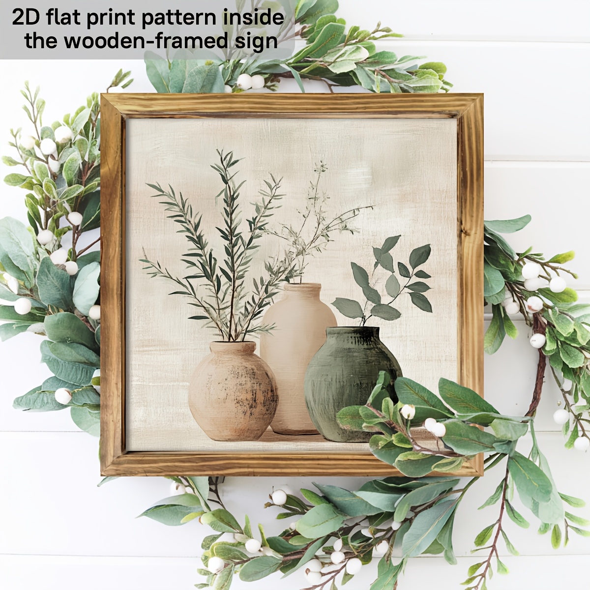 TEMU Vase plat 2D, 1 pièce, style rustique vert et avec verdure, panneau encadré en bois, de la nature, décoration murale pour salon, chambre,