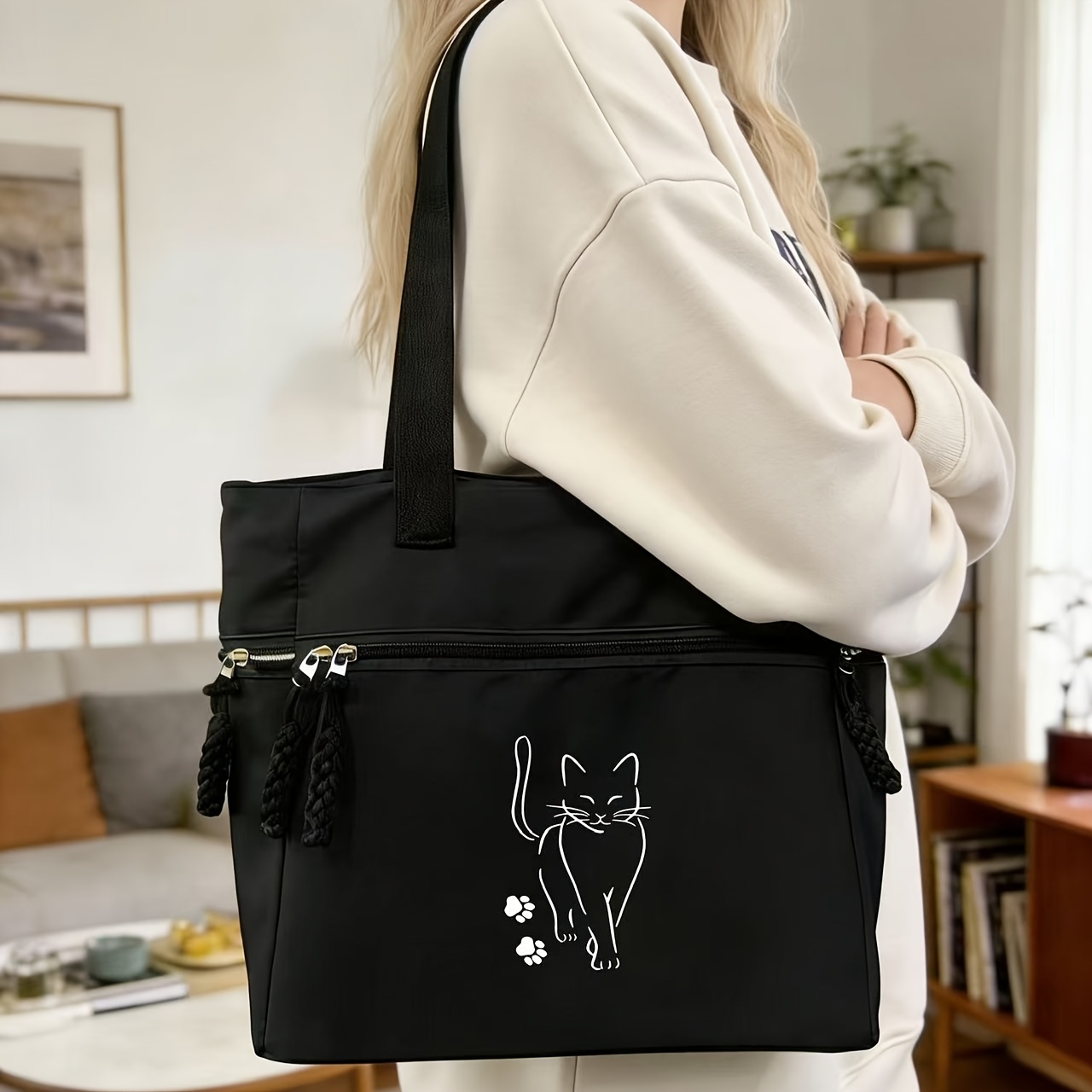 TEMU Women's Large Capacity Minimalist Cat Paw Print Nylon Tote Bag With Adjustable Center Zipper & Shoulder Strap - Suitable For School, Commuting,