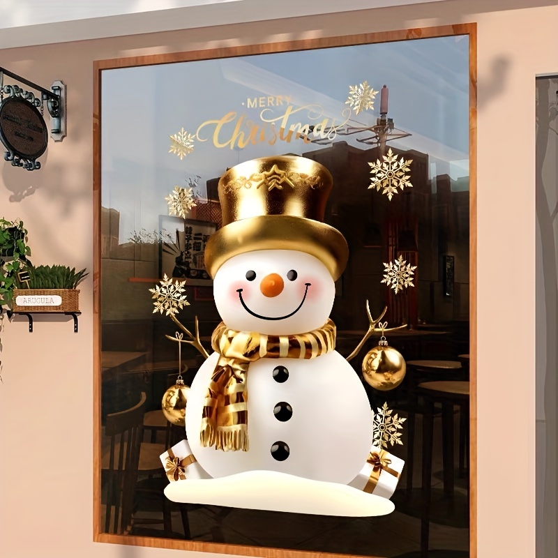 1st Klassieke Sneeuwpop Kerstraamstickers - Dubbelzijdige Elektrostatische Glassticker met Gouden Hoed & Sjaal, Feestelijke Kerstdecoratie voor Thuis & Winkels