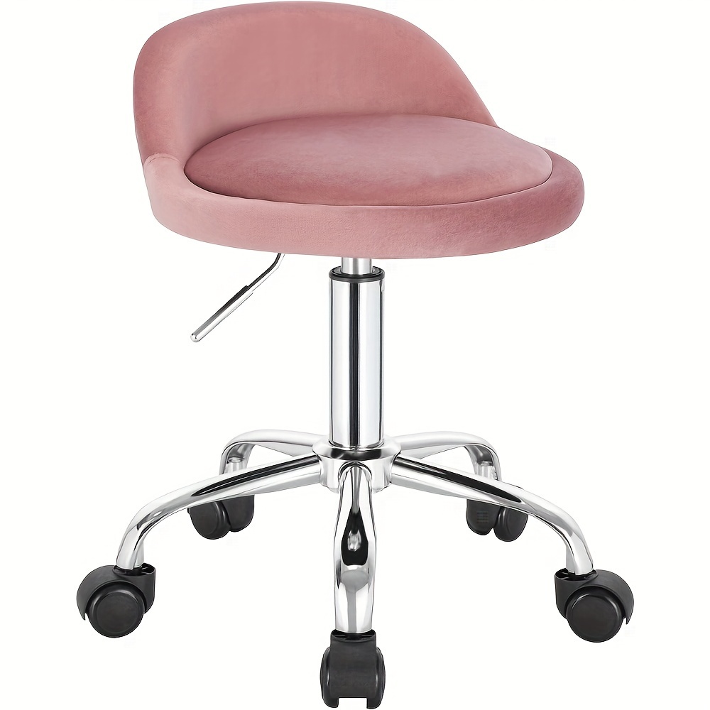 Stool Featuring Wheels, A Swivel Design With Adjustable Height, A Low Backrest, And A Rolling Rocker, Made Of Velvet