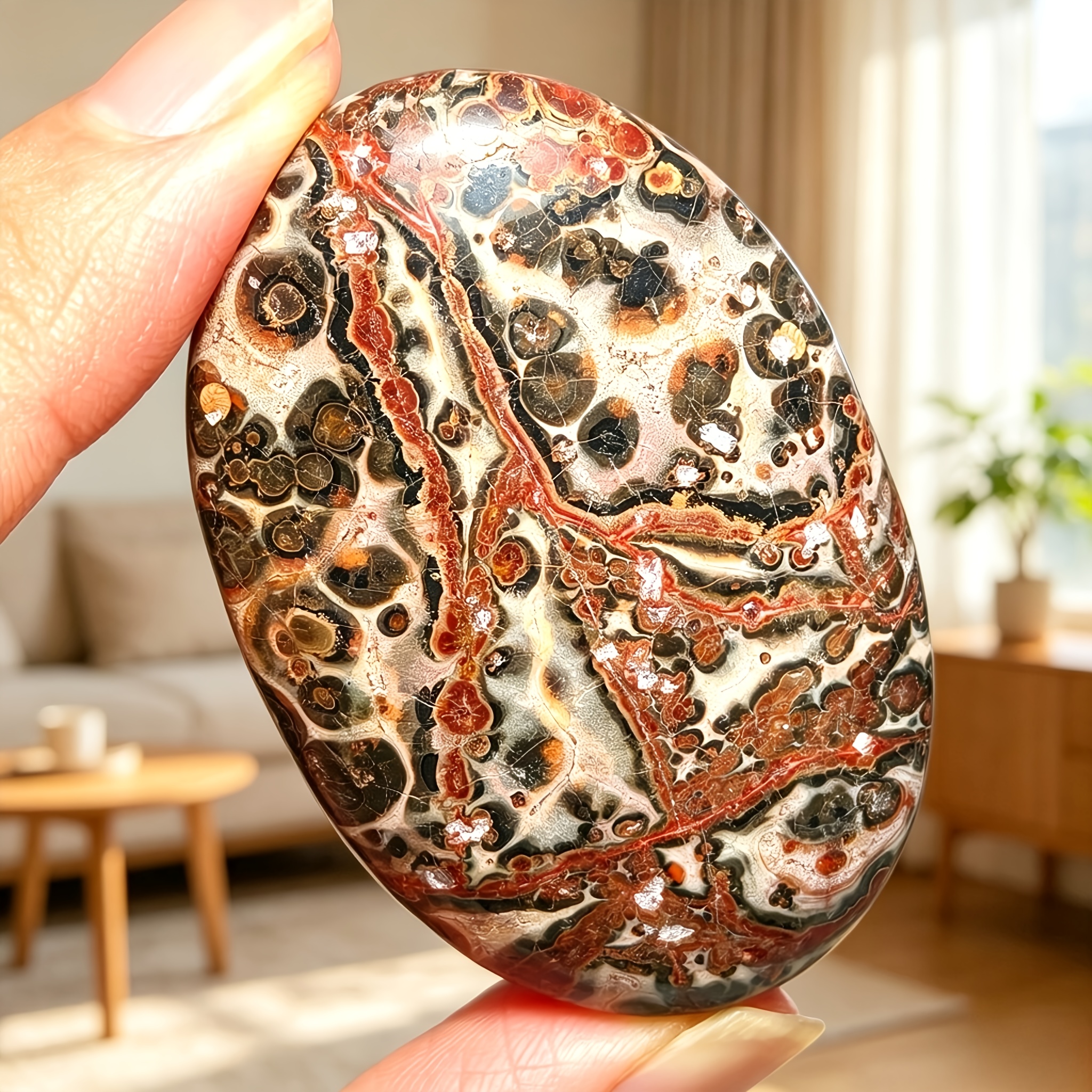 TEMU 1pc Random Natural Leopard Skin Jasper Palm Stone Loose Cabochon Mineral Specimen, Polished For Rock Collectors Desktop Home Decor Holiday Gift