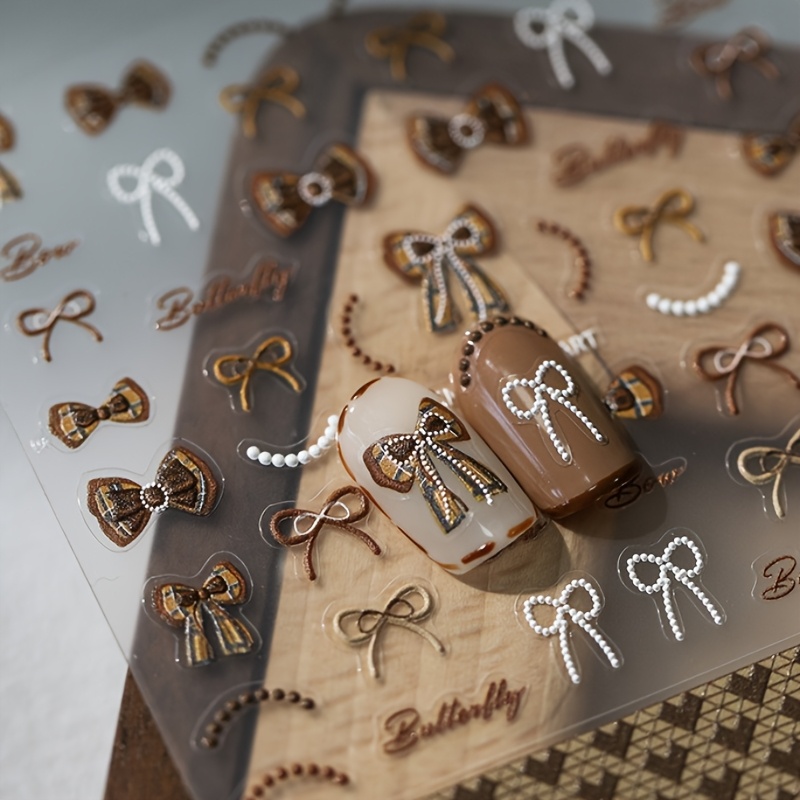 TEMU 1 pieza de calcomanía para uñas con a cuadros marrón en relieve 5D – de cinta con letra de tartán vintage de otoño/invierno, atmosférico de