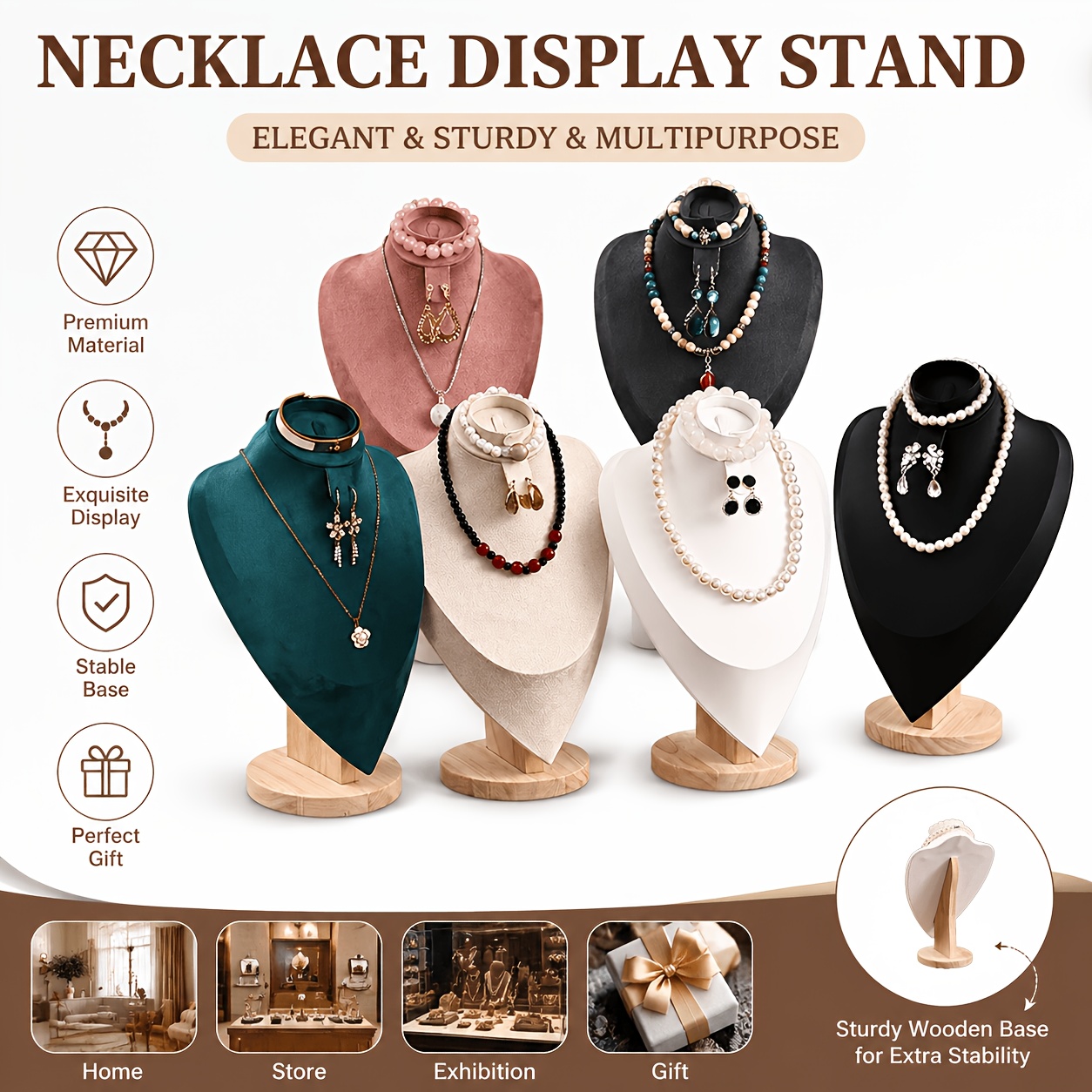 3-in-1 Wood Jewelry Bust Display Stand