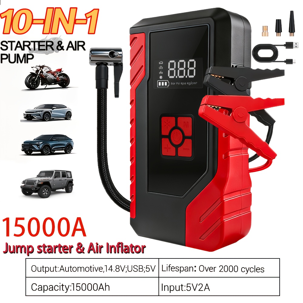 Image of 15000a Current, Portable Emergency , 250psi Pressure, Car Charger, Led Emergency Lighting, Fast Charging - Rechargeable Lithium Polymer Battery. Holiday Gift, Suitable As A Christmas Gift