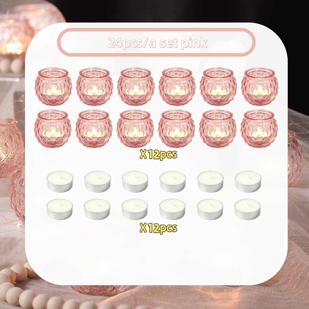 TEMU 24pcs Candlestick And Candle Set, Including 12pcs Pink Diamond Grid Style Spherical Candle Holders And 12pcs Candles, Centerpiece Table