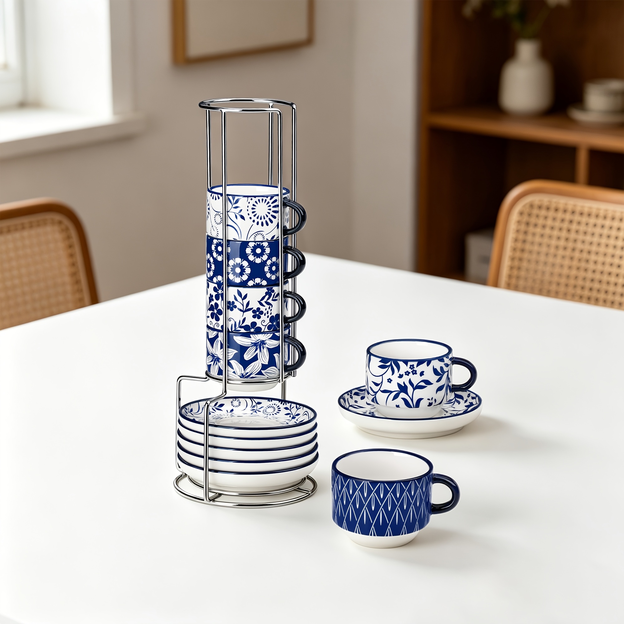 Blue And White Porcelain Coffee Cup Sets, 3oz/90ml Porcelain Espresso Cups Set Of 6, Stackable Coffee Cups With Saucers And Metal Stand, Ceramic Mugs, Espresso Accessories For Machine, Set Of 6