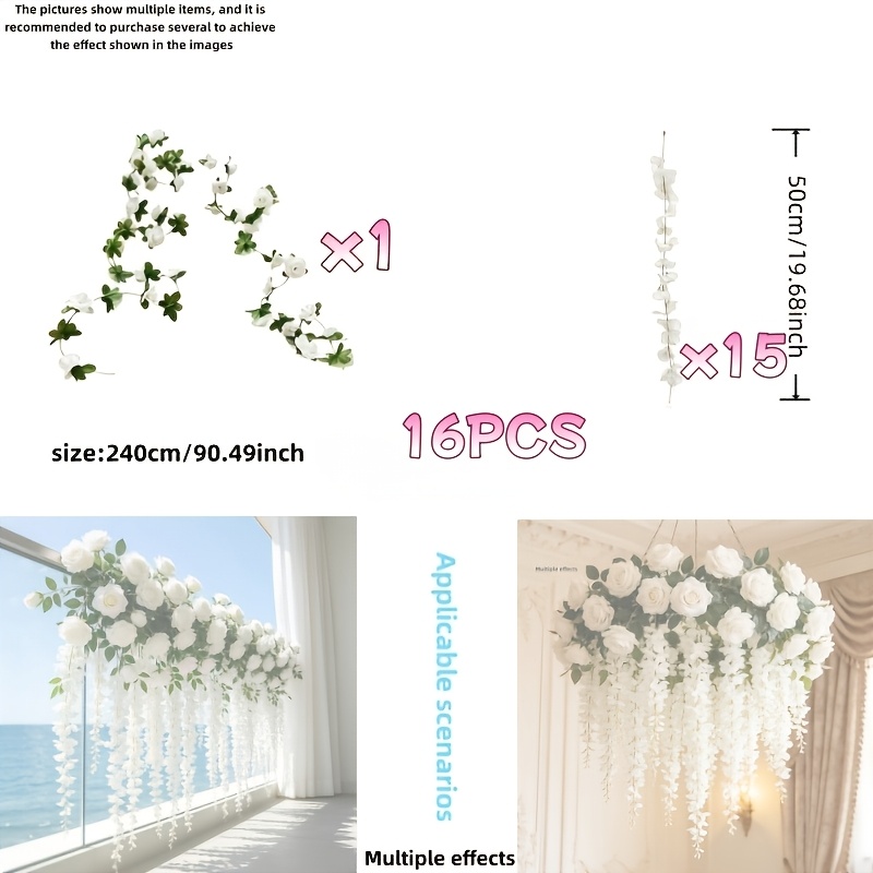 TEMU Ensemble de 16 pièces : combinaison de de roses blanches + 15 pièces de fleurs de blanche, durable et facile à accrocher. Convient pour divers