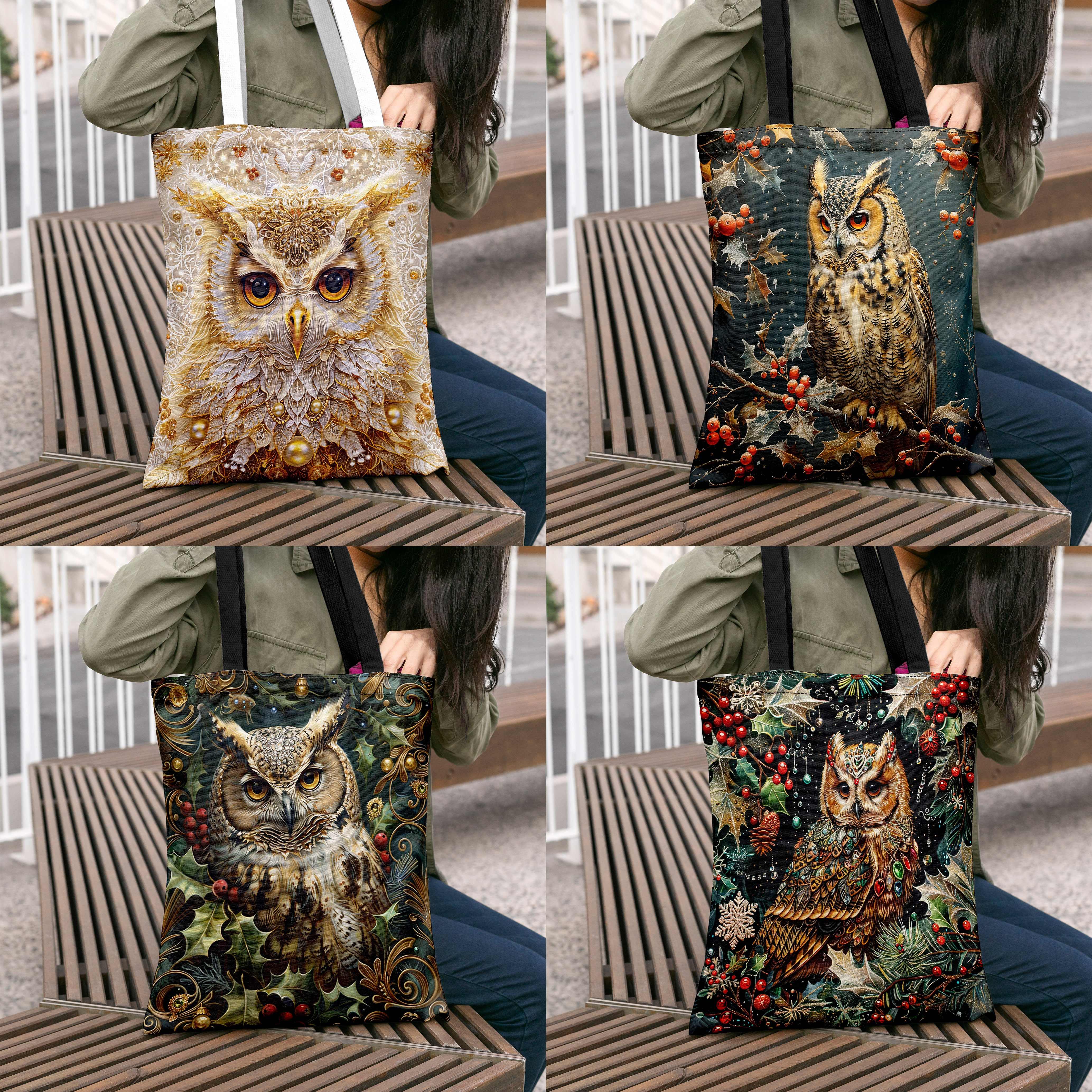 

Owl Pattern Christmas Style Canvas Tote Bag, Large Capacity Shopping Bag, Portable Casual Handbag, Perfect For Everday Use & Christmas