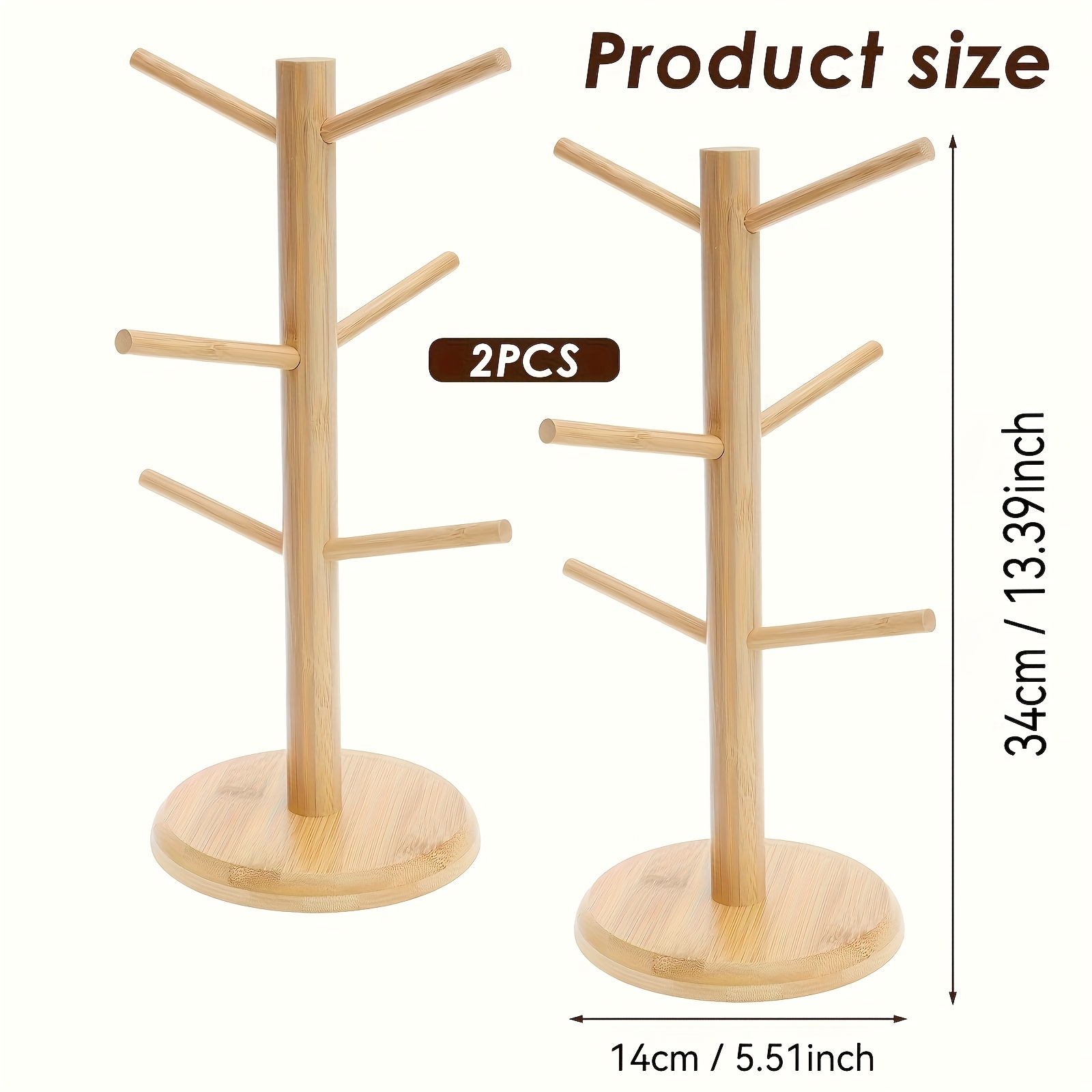 Image of 2pcs Set Tree-shaped Wooden Specialty Holder With Bamboo & Wood Design - 6-slot Sausage Rack For Cups, Hair Clips, Bracelets - Sturdy Natural Wood Cup Stand