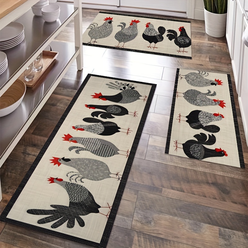 

1pc Rooster & Hen Family Pattern Non-slip Kitchen Mat - Polyester, Machine Washable, Rectangular Floor Mat For Living Room, Dining Area, And Entryway Decor, Kitchen Rugs