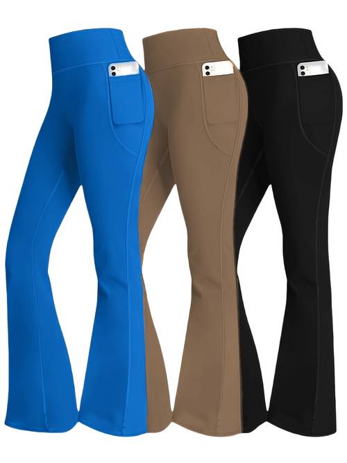 3pcs fashionable workwear style bell bottoms women casual bell bottoms high waist pocket sportswear pants sports quick drying tummy control butt lifting trousers flare leggings