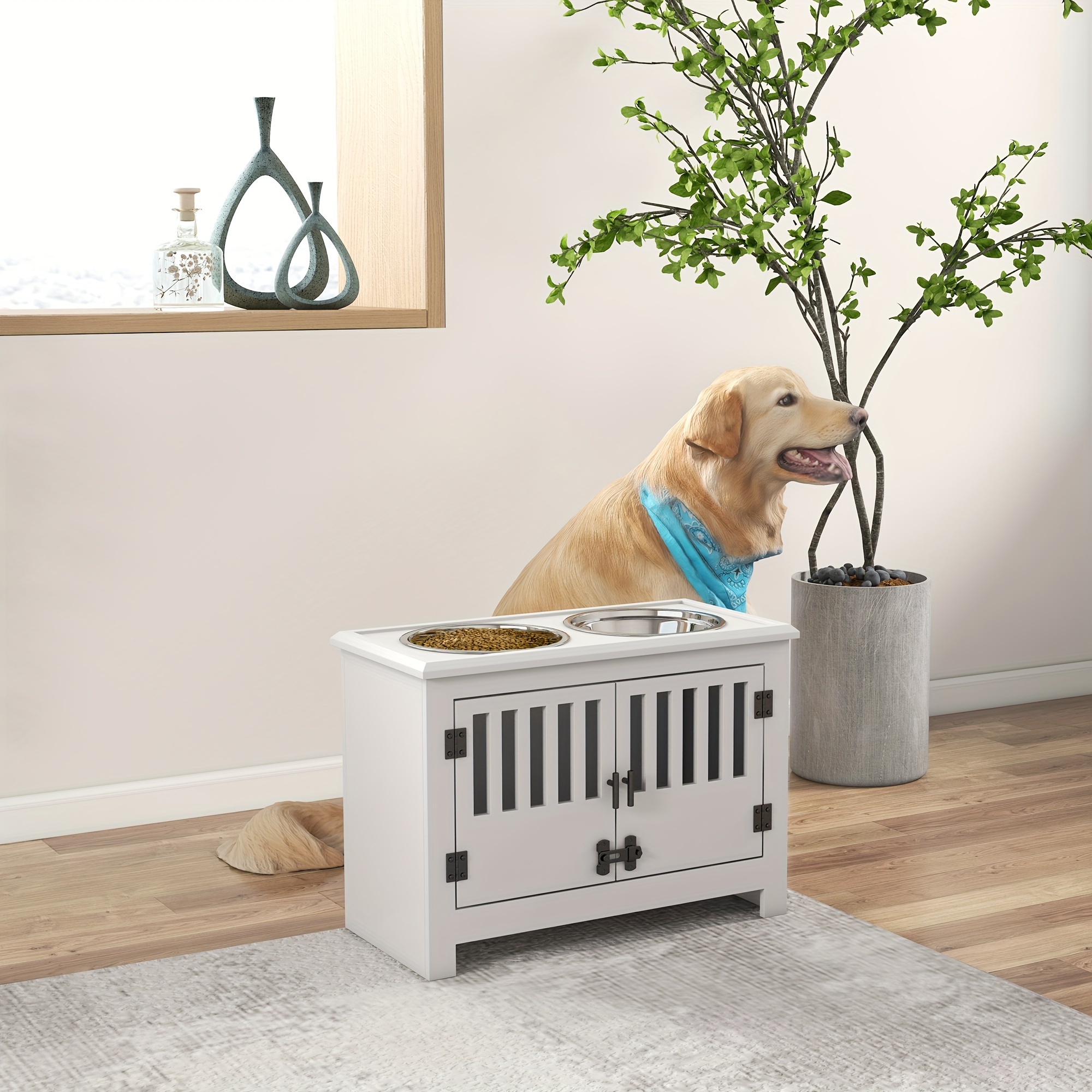 

Pawhut Large Elevated Dog Bowls With Storage Cabinet Containing Large 37l Capacity, Raised Dog Bowl Stand Pet Food Bowl Dog Feeding Station, White