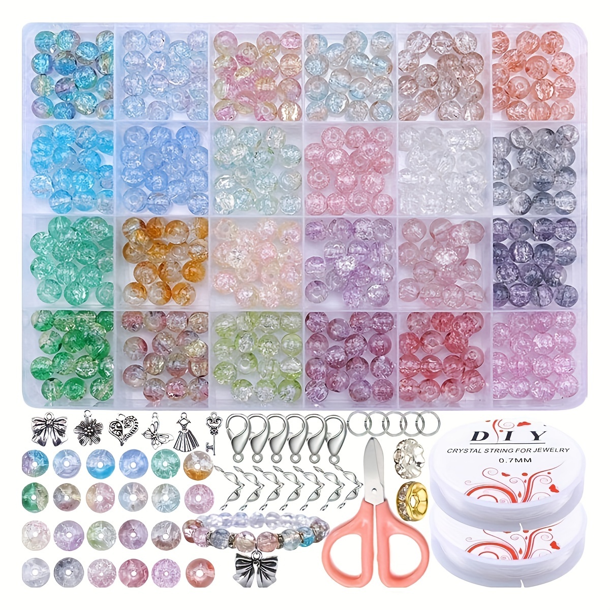 TEMU 600pcs Colored Crackled Textured Glass Beads Kit, Ideal Accessories For Necklace Bracelet Keychain Jewelry Making