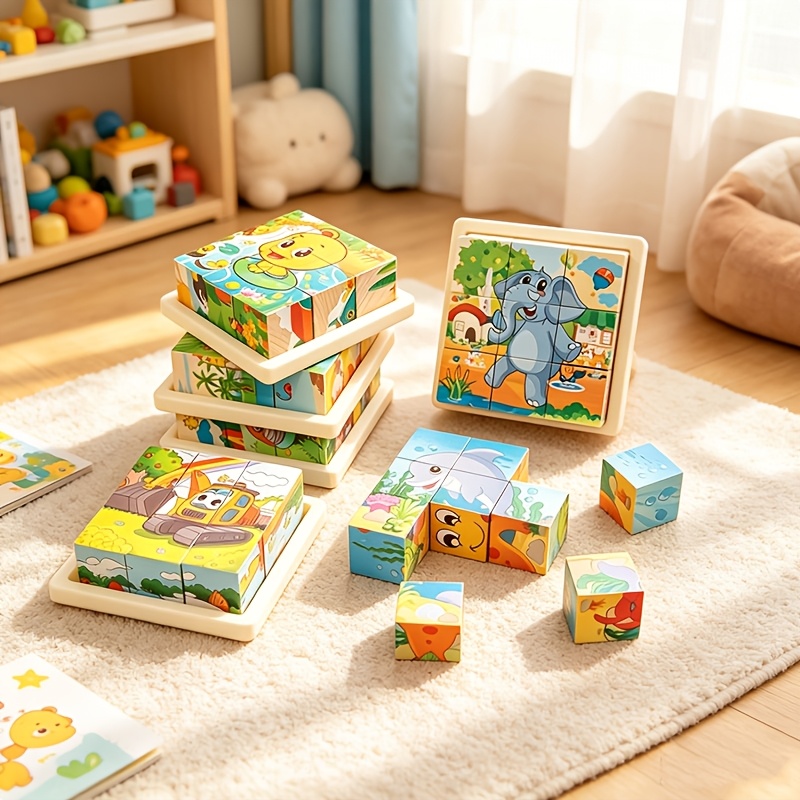 9pcs 1 Set 6 Sides Picture Wooden Block Puzzle, Gift