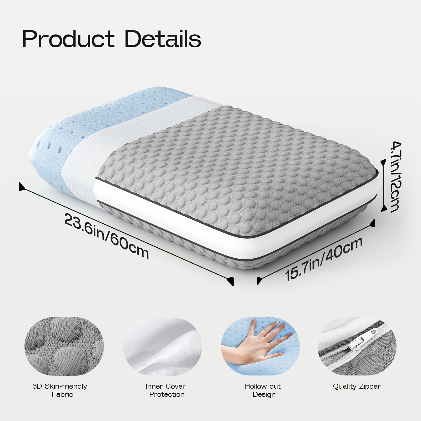 1pc Ice Fiber Dual-Sided Pillow - Ergonomic Support for All Sleeping Positions, Breathable Cooling Design, Machine Washable, Grey, Allposition Support, Sleek Modern Design, Zipper Closure