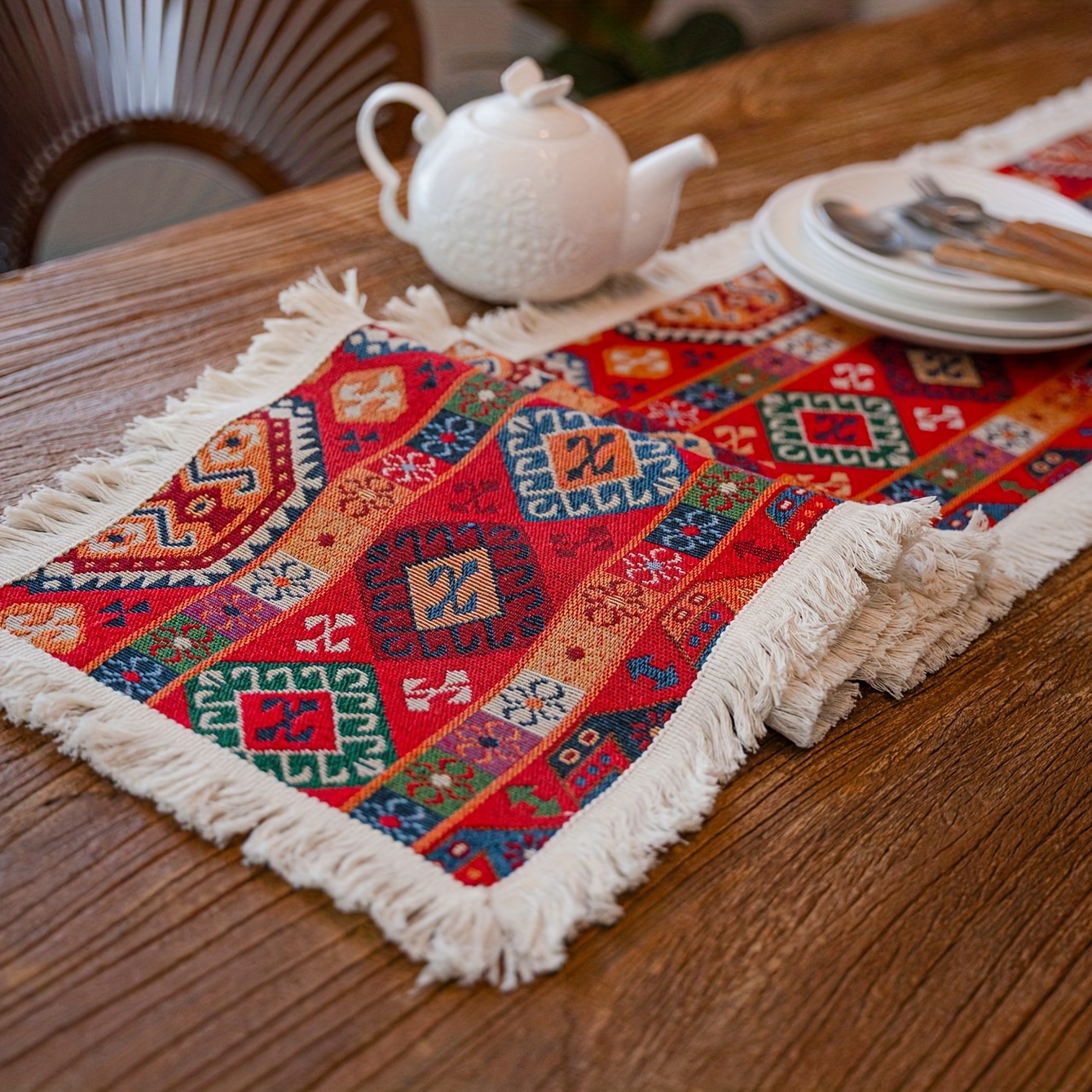 

Floral Embroidered Table Runner With Tassels - 100% Polyester, Rectangular Woven Table Runner For Christmas Holiday, Elegant Party Decor And Everyday Use, Red Cashew Pattern