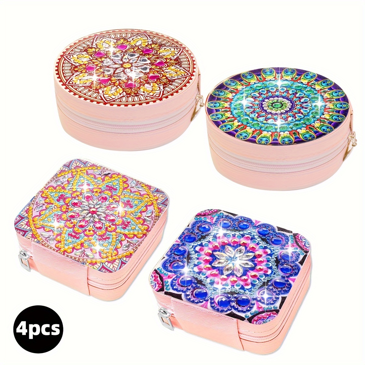 

4-piece Set 5d Diy Diamond Painting Jewelry Boxes With Mandala Flower Design, Round & Special Shaped Diamond Art, Portable Pu Leather Travel Cases For Rings & Necklaces - Ideal Gift For Festivals