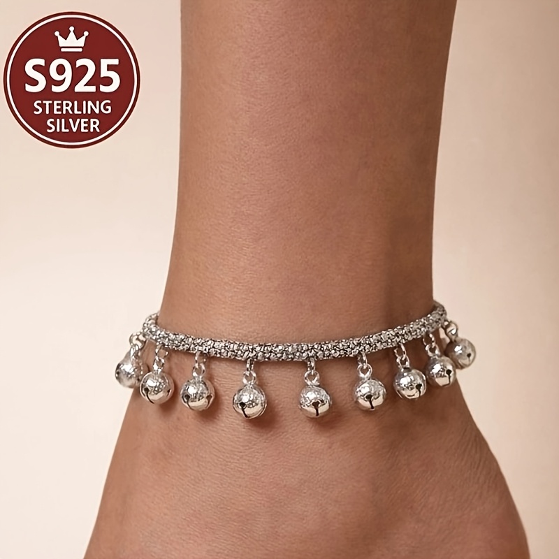 TEMU S925 Sterling Silver Bohemian Bell Tassel Anklet - Trendy Summer Beach Vacation Foot Jewelry For Women