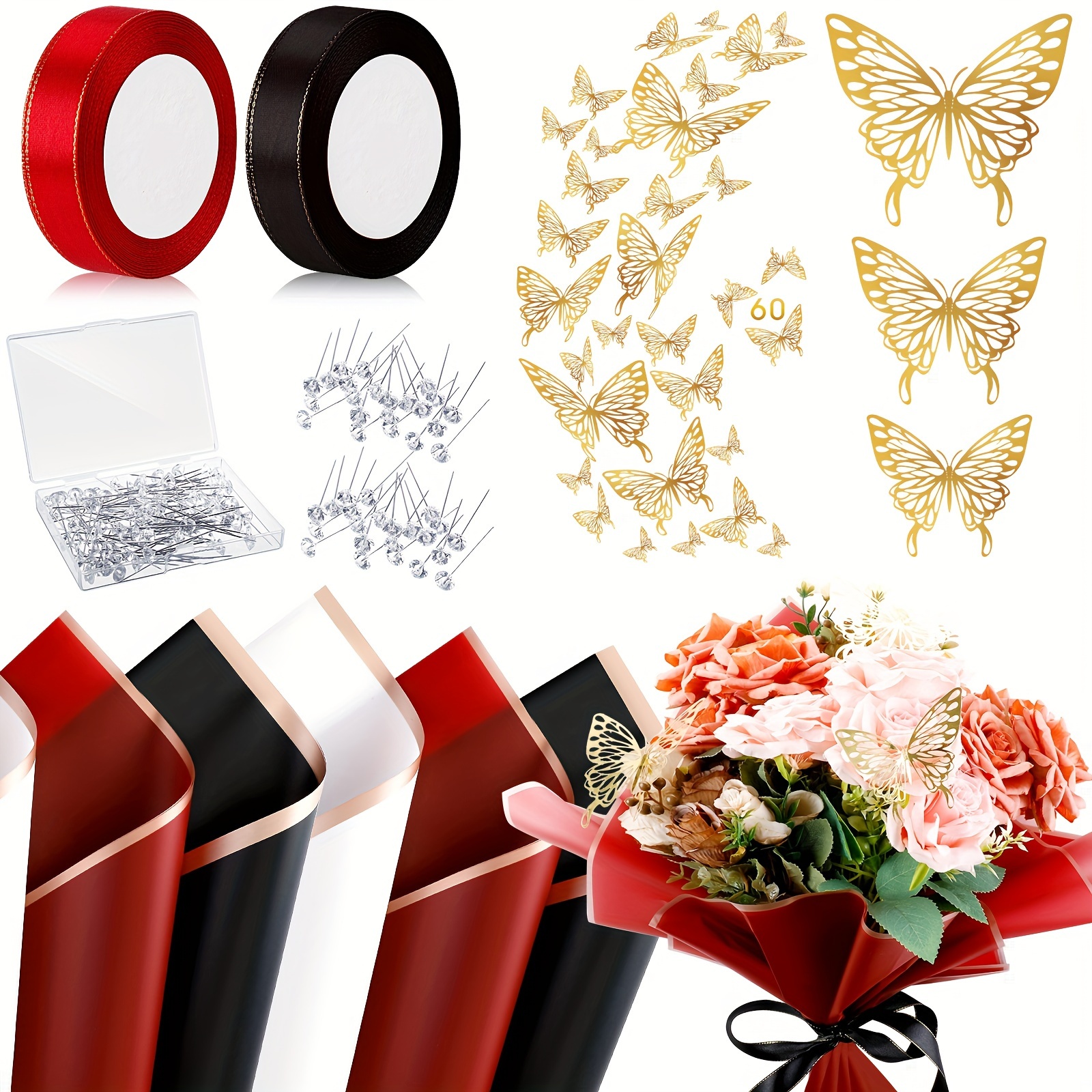 

60 Sheets Flower Bouquet Wrapping Paper Waterproof Floral Wrapping Paper With 60 3d Butterfly 100 Flower Pins 2 Rolls Ribbon Florist Supplies For Mother's Day (red, Black, White)