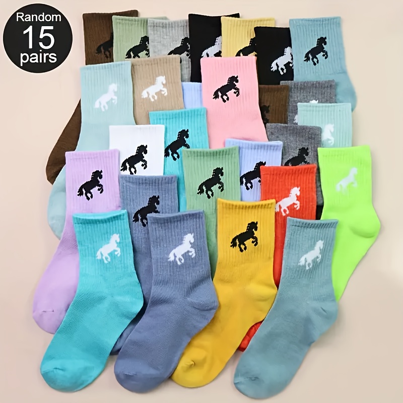 15-pair Random Color And Pattern Cartoon Animal Horse Stripe Pattern Mid-tube Socks, Moisture-wicking, Comfortable, Soft, And For Couples