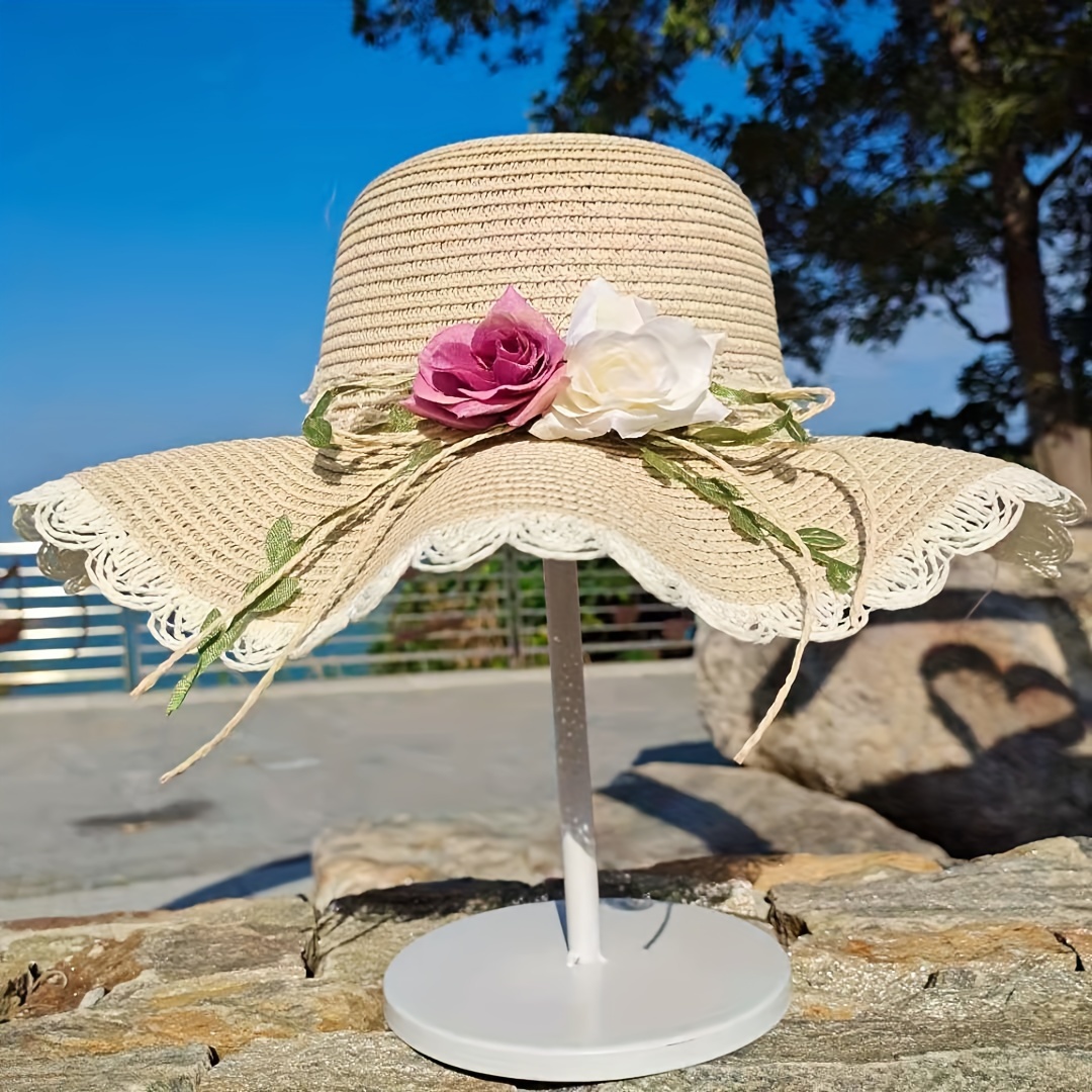 Elegant Rose Garland Sun Hats Wide Brim Lace Trim Easter - Temu New Zealand