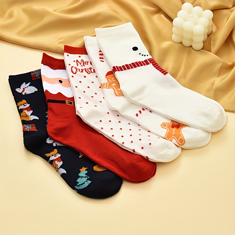 TEMU Lot de 5 paires de chaussettes de Noël pour femme, style automne/hiver, avec Père Noël de dessin , , lettres et bonshommes de neige. Chaussettes
